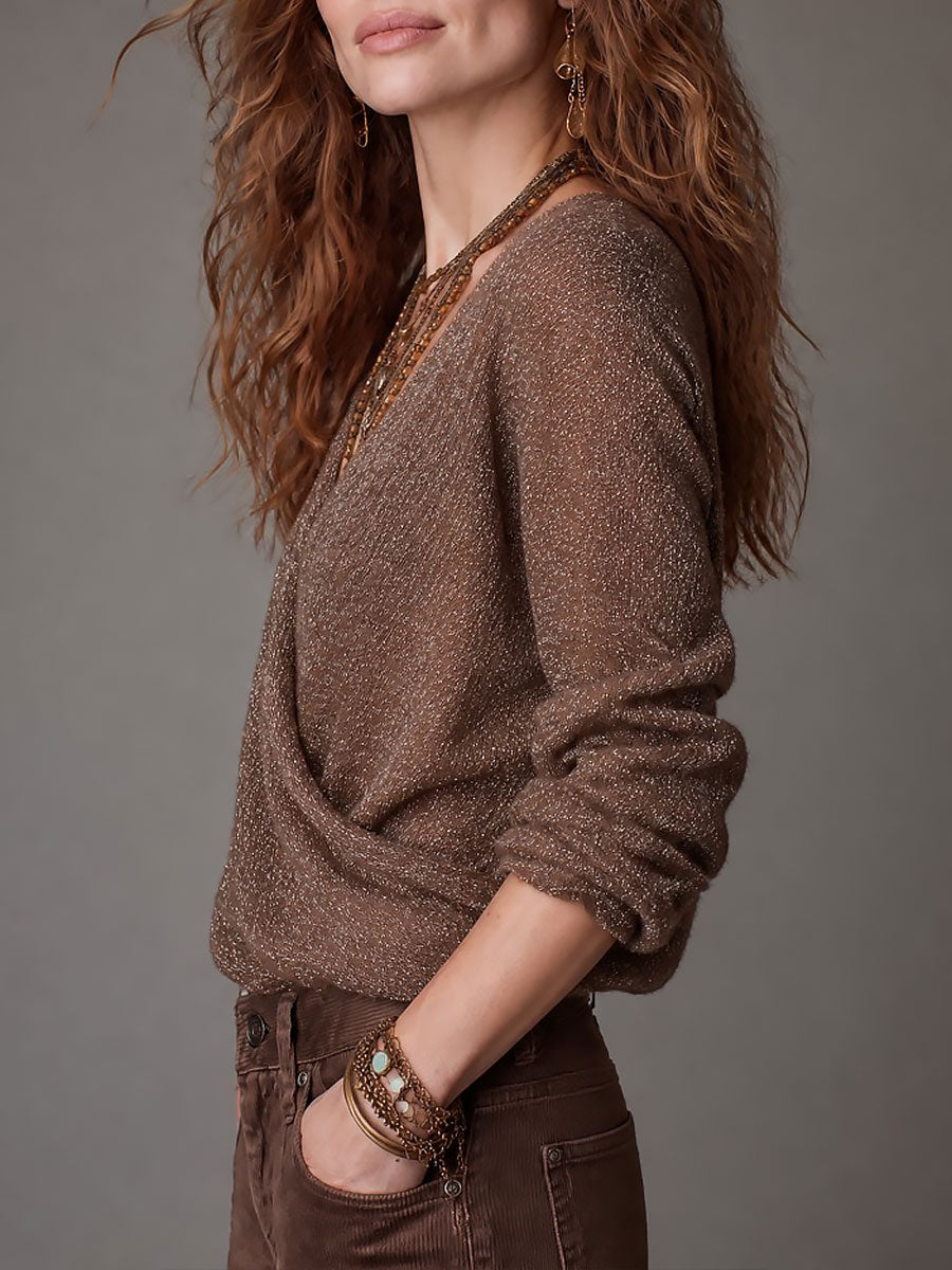 Boho Wrap V-Neck Metallic Knit Sweater