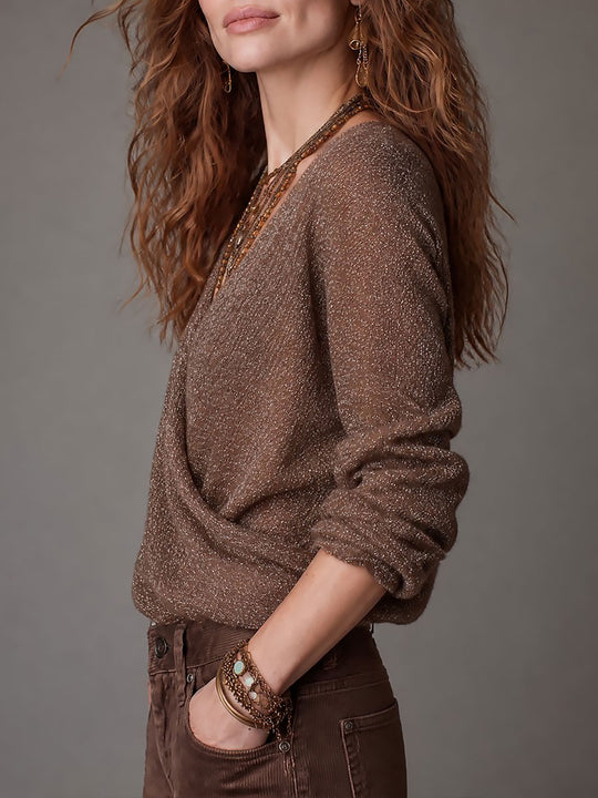 Boho Wrap V-Neck Metallic Knit Sweater