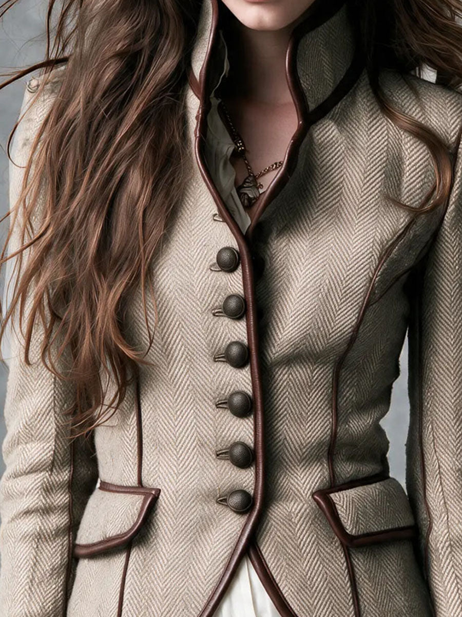 Vintage Western Stand‑Collared Tweed Coat With Button‑Front