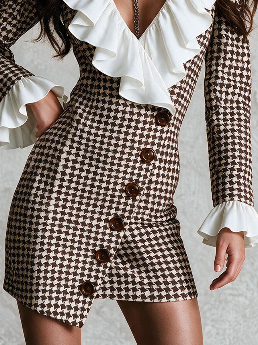 Retro 70s Wrap Decor‑Button Houndstooth Dress With Ruffle Trim