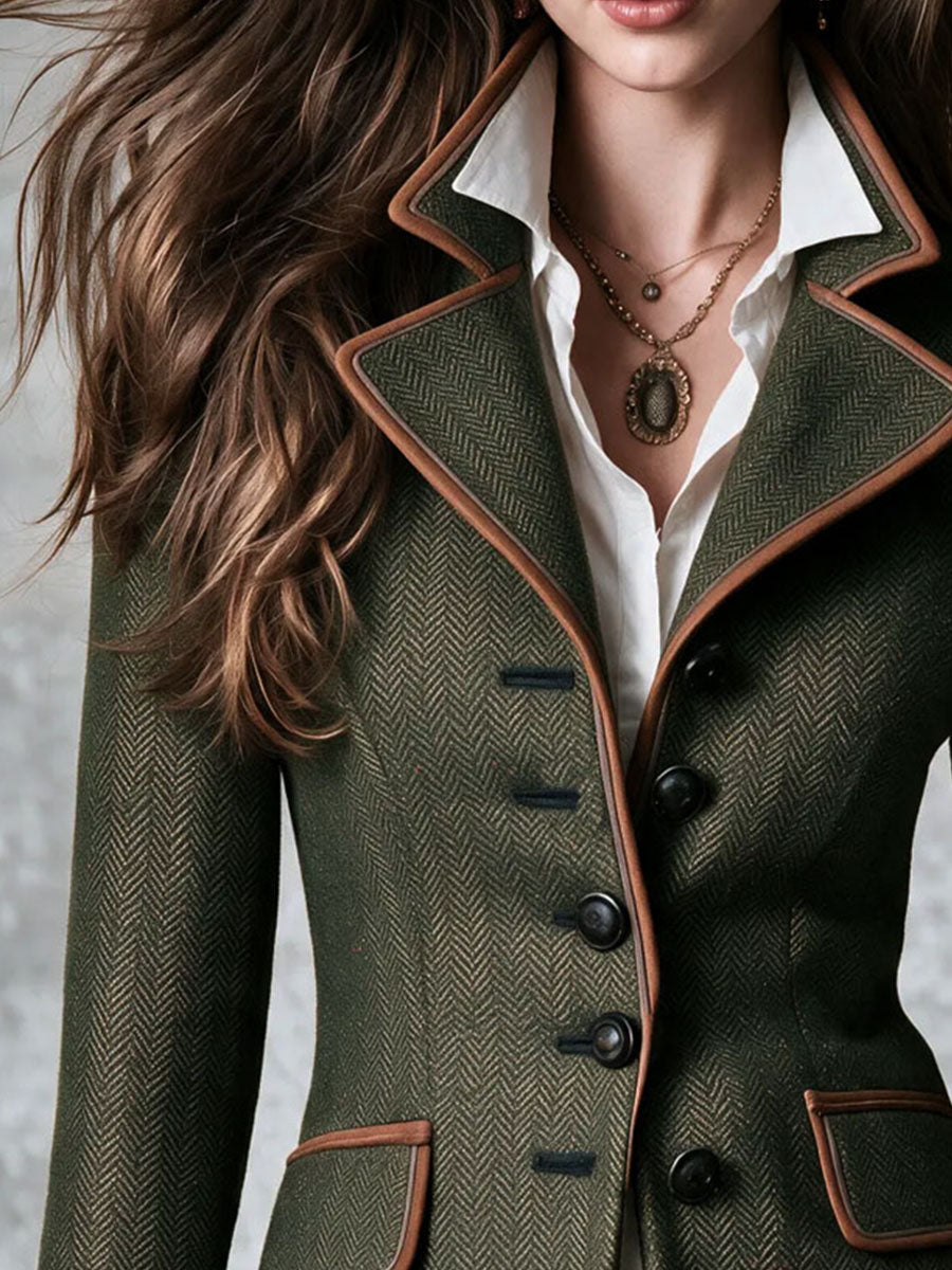 Vintage Forest Green Herringbone Embroidered Blazer With Brown Suede Trim