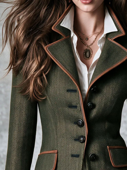 Vintage Forest Green Herringbone Embroidered Blazer With Brown Suede Trim