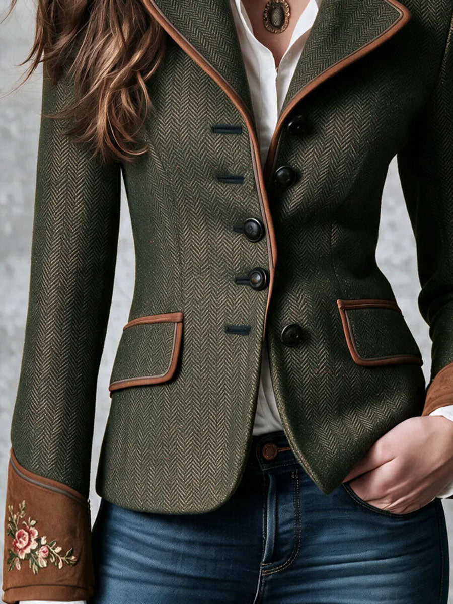 Vintage Forest Green Herringbone Embroidered Blazer With Brown Suede Trim