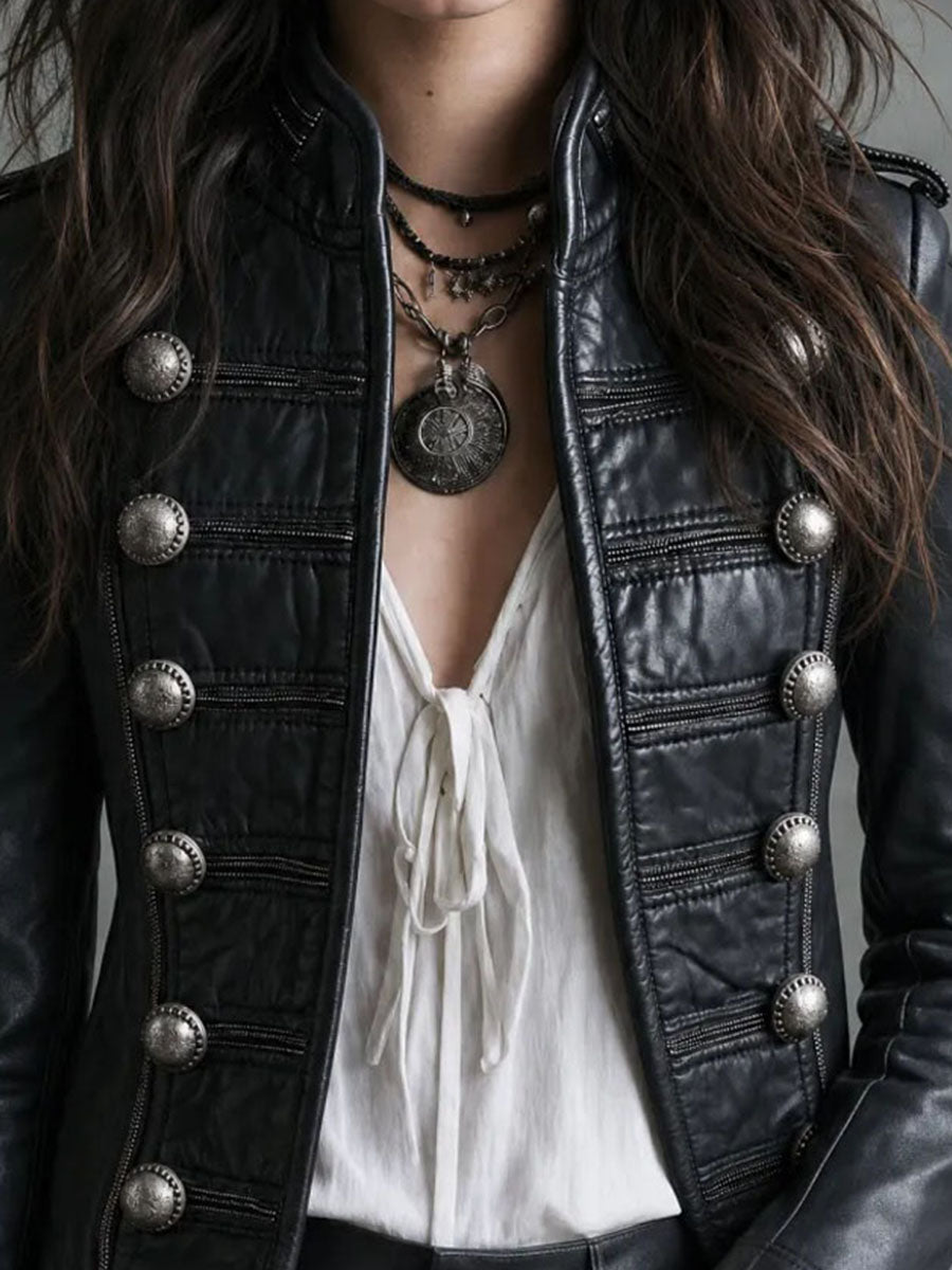 Retro Black Faux‑Leather Double‑Breasted Jacket