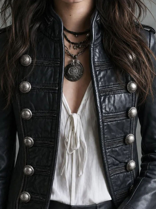 Retro Black Faux‑Leather Double‑Breasted Jacket