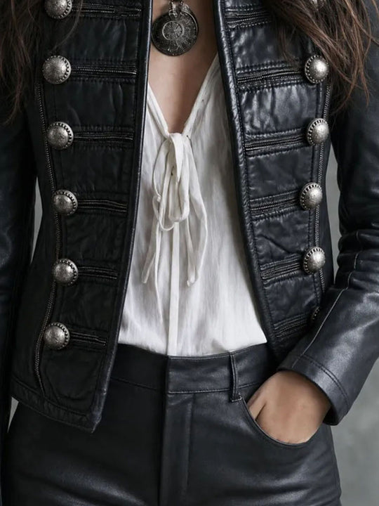Retro Black Faux‑Leather Double‑Breasted Jacket