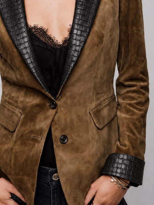 Vintage Suede Blazer with Woven Leather Trim Lapel