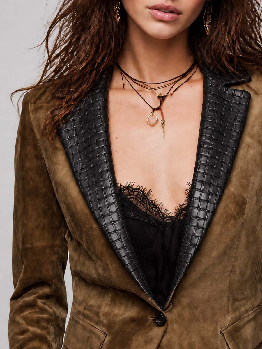 Vintage Suede Blazer with Woven Leather Trim Lapel