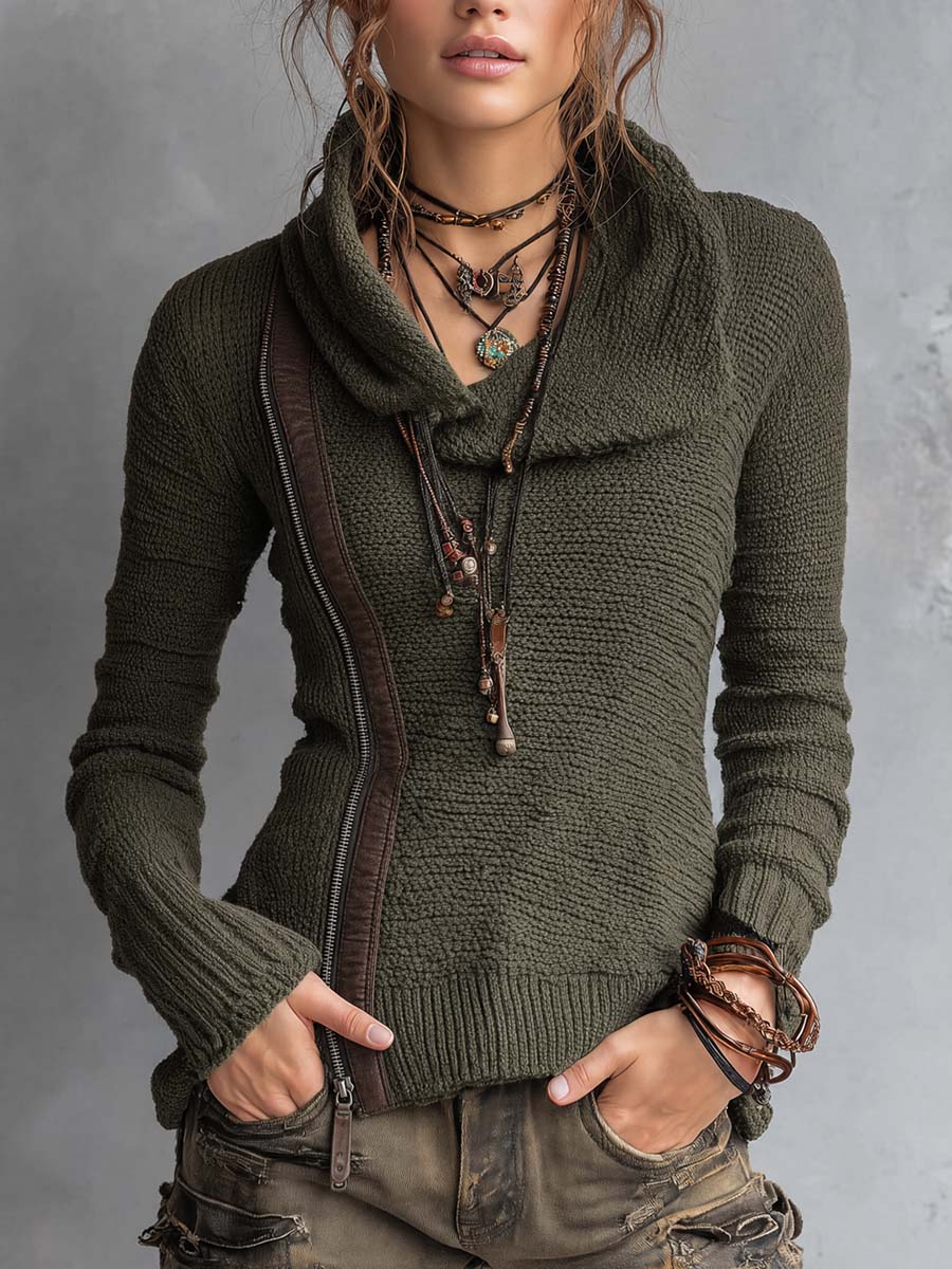 Vintage-style Asymmetric Zip-up Knit Sweater