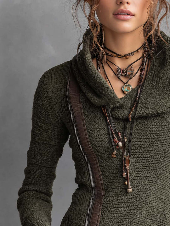 Vintage-style Asymmetric Zip-up Knit Sweater