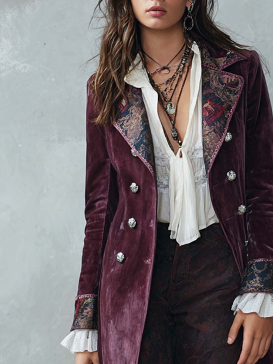 Vintage Oil Painting-style Printed Collar Polyester Velvet Coat