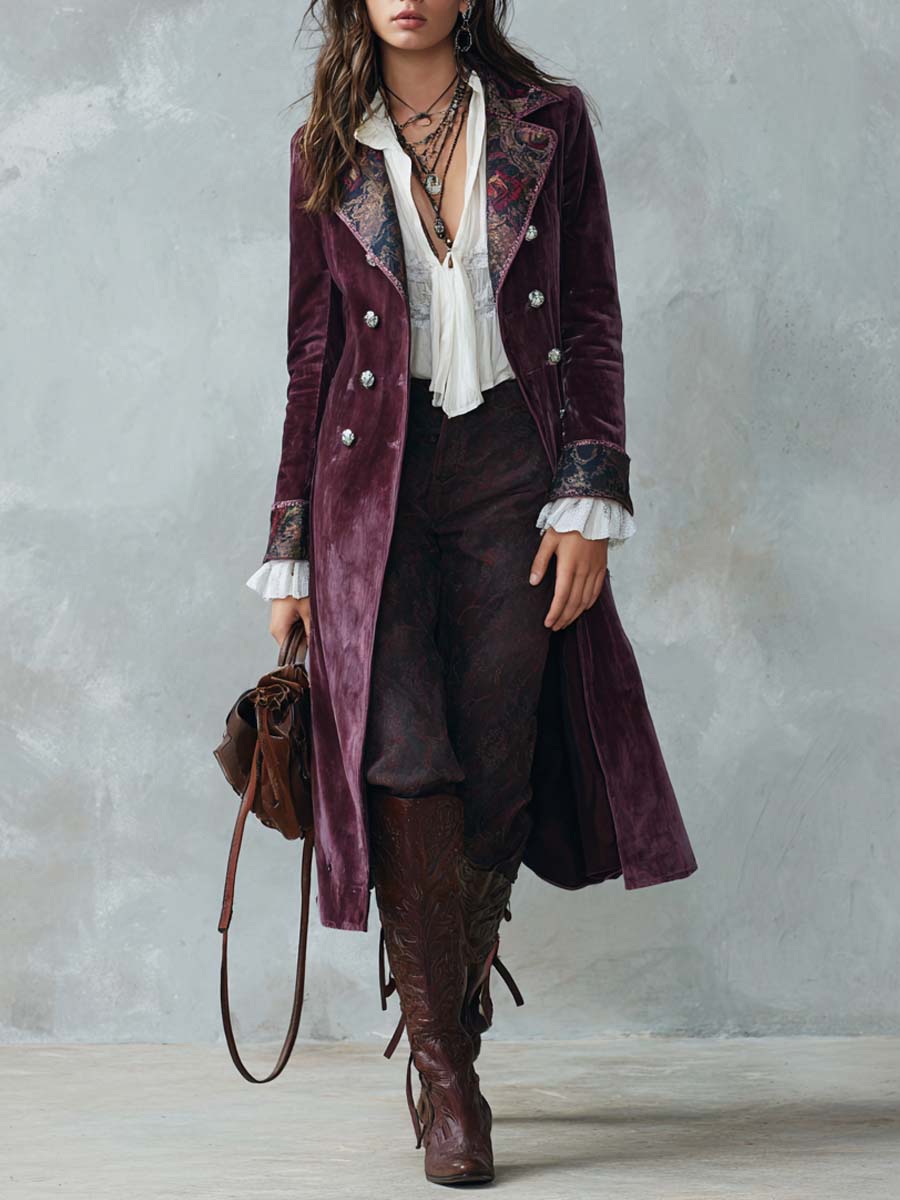 Vintage Oil Painting-style Printed Collar Polyester Velvet Coat