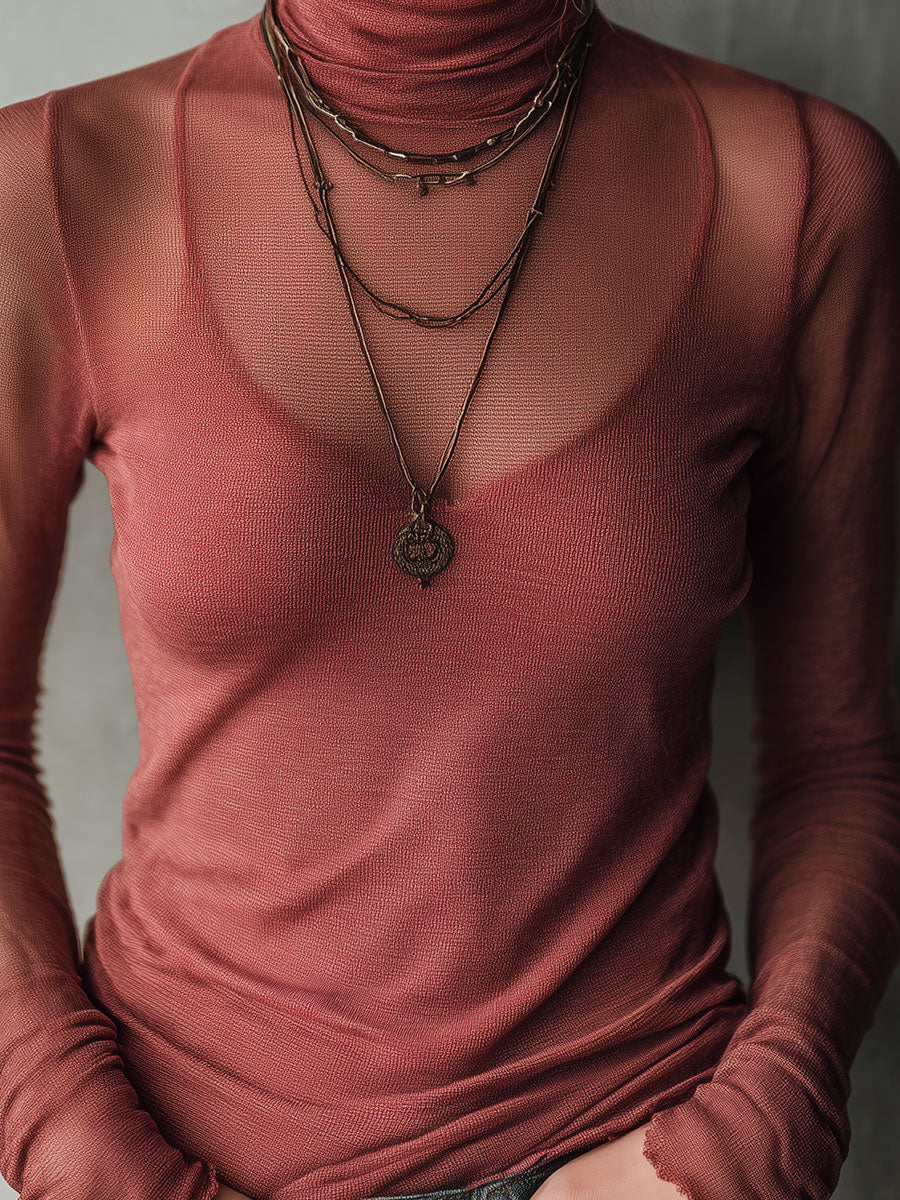 Retro Raspberry Color High-neck Sheer Knit Fitted Pullover