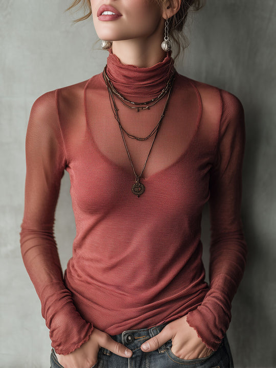 Retro Raspberry Color High-neck Sheer Knit Fitted Pullover