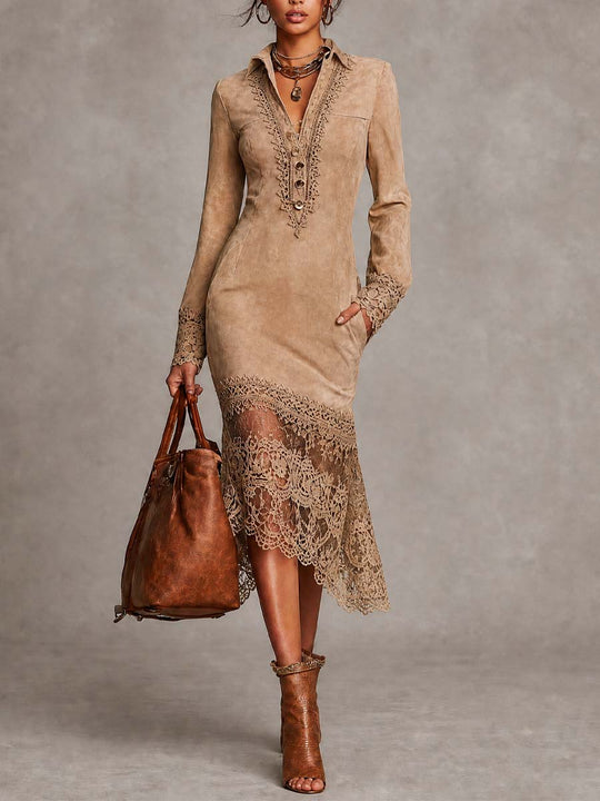 Vintage Suede Lace-Trim Long Sleeve Midi Dress with Button Front