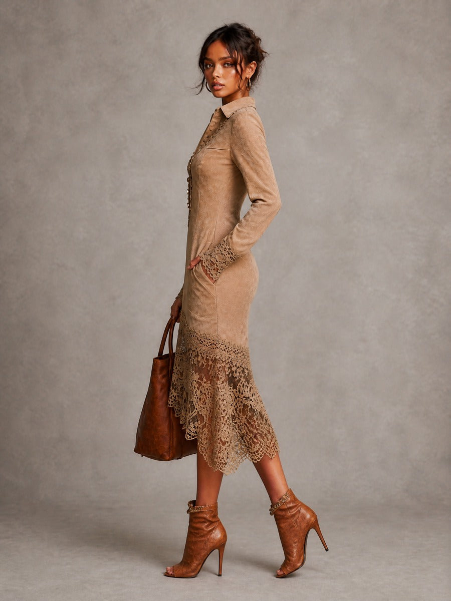 Vintage Suede Lace-Trim Long Sleeve Midi Dress with Button Front