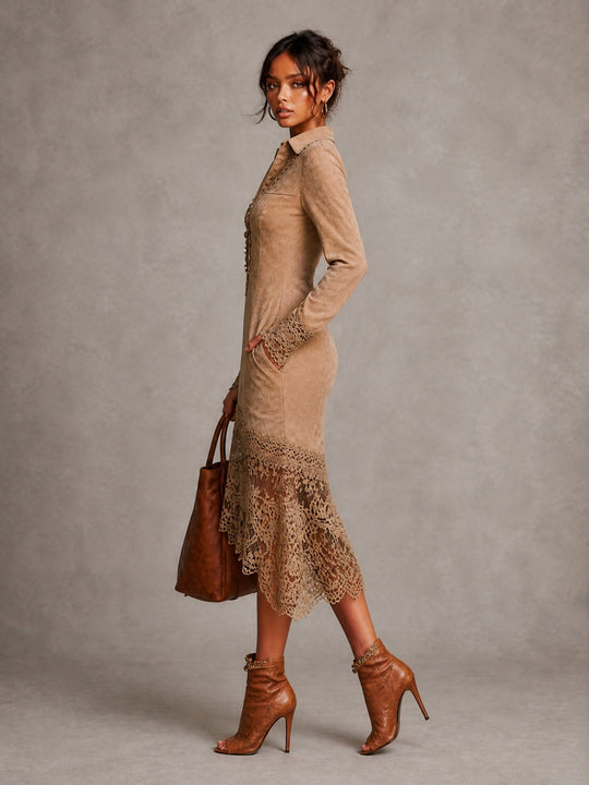 Vintage Suede Lace-Trim Long Sleeve Midi Dress with Button Front