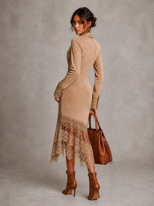 Vintage Suede Lace-Trim Long Sleeve Midi Dress with Button Front
