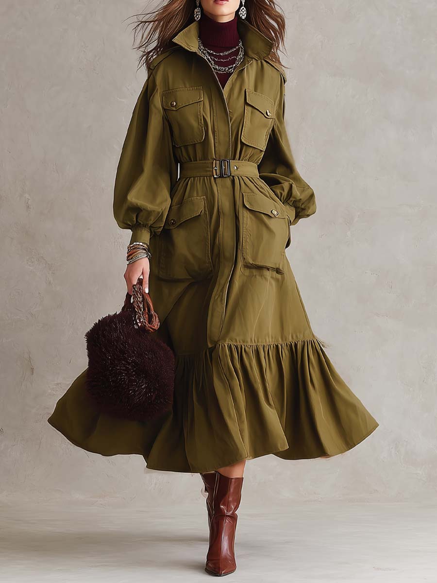 Vintage Belted Utility Cargo Pockets Trench Coat With Ruffle Hem
