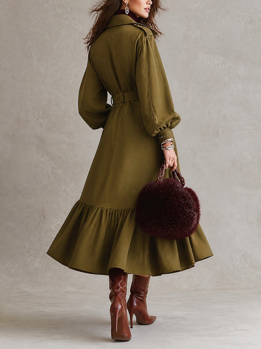 Vintage Belted Utility Cargo Pockets Trench Coat With Ruffle Hem