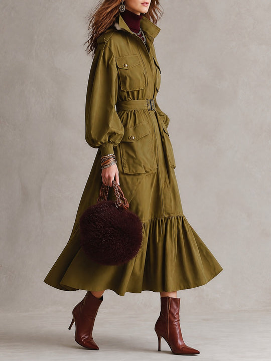 Vintage Belted Utility Cargo Pockets Trench Coat With Ruffle Hem
