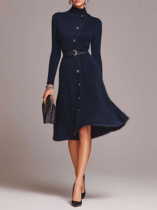 Vintage Mock Neck Button-Front Belted Fuzzy Knit Sweater Dress