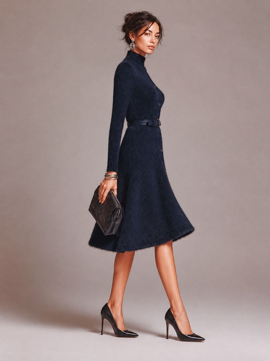 Vintage Mock Neck Button-Front Belted Fuzzy Knit Sweater Dress