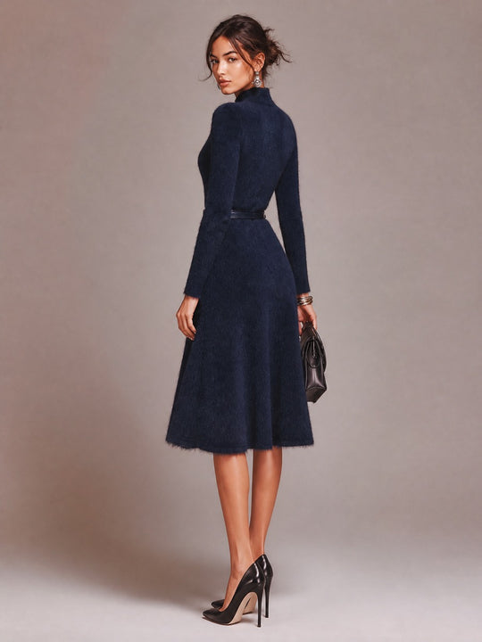 Vintage Mock Neck Button-Front Belted Fuzzy Knit Sweater Dress