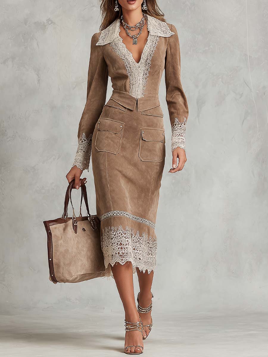 Vintage Lace Trim Faux Suede Long Sleeve Midi Dress