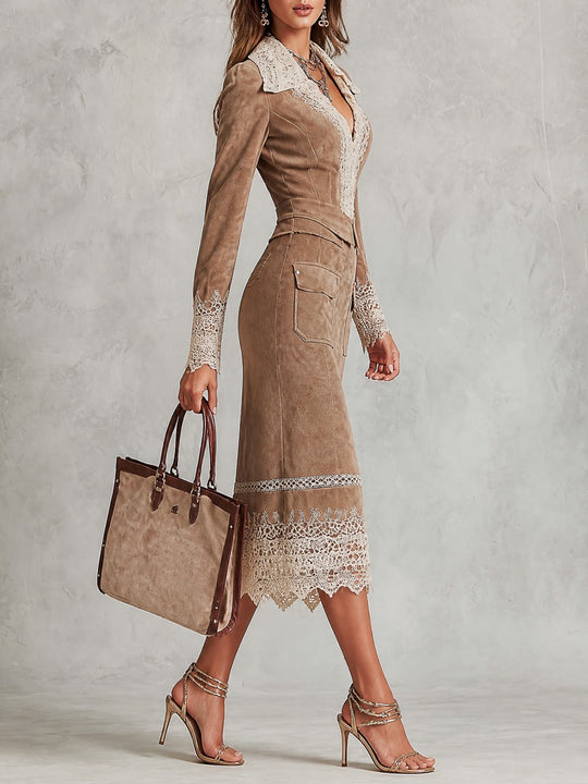 Vintage Lace Trim Faux Suede Long Sleeve Midi Dress