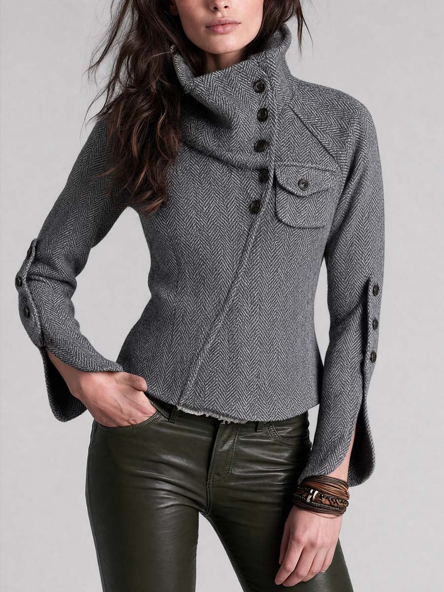 Retro Funnel-Neck Herringbone Wool-Blend Jacket