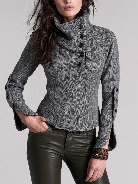 Retro Funnel-Neck Herringbone Wool-Blend Jacket