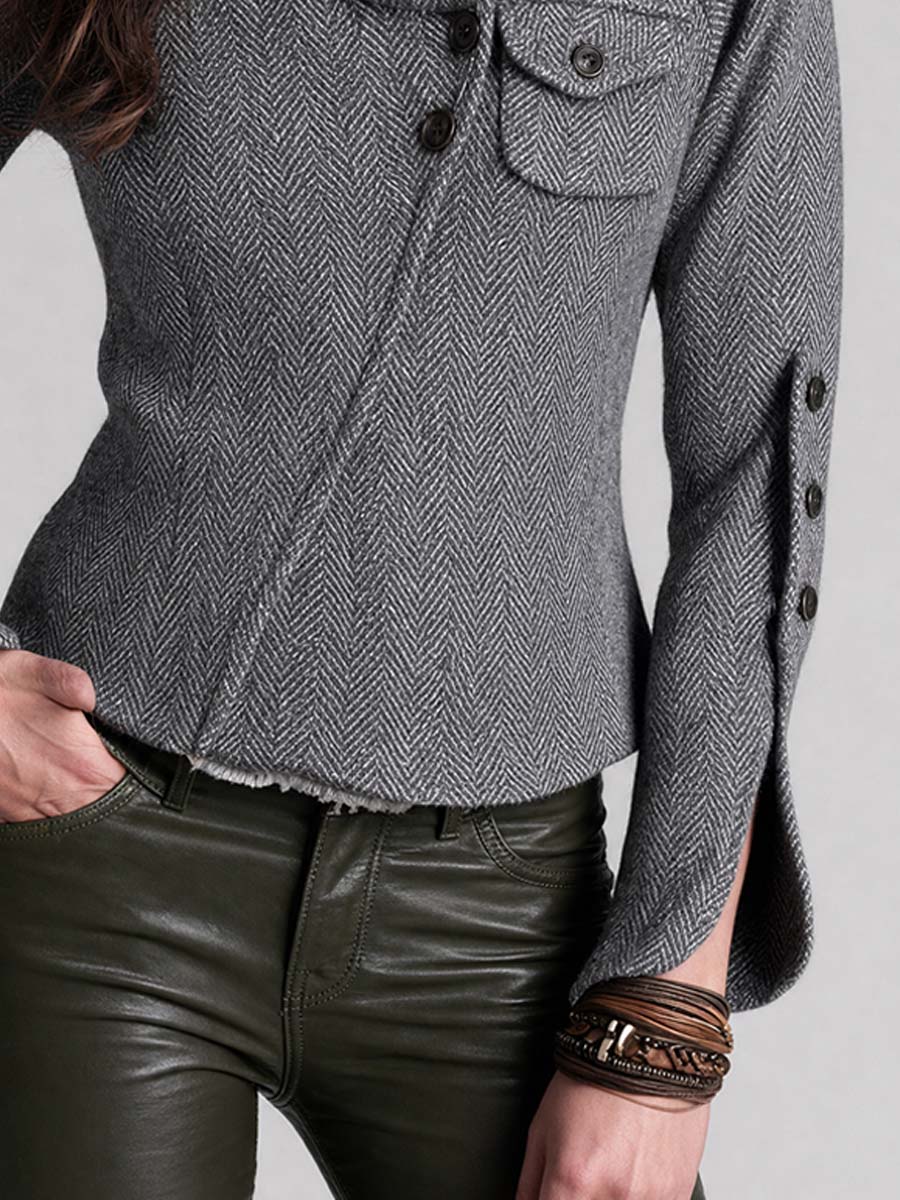 Retro Funnel-Neck Herringbone Wool-Blend Jacket