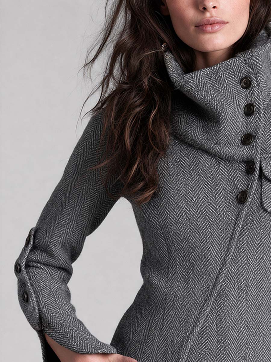Retro Funnel-Neck Herringbone Wool-Blend Jacket