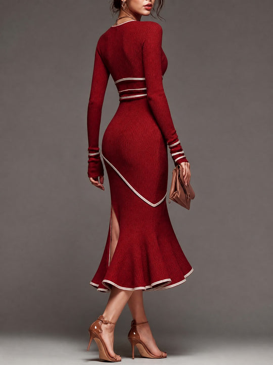 Vintage V-Neck Long Sleeve Contrast Piping Knit Bodycon Mermaid Dress with Slit