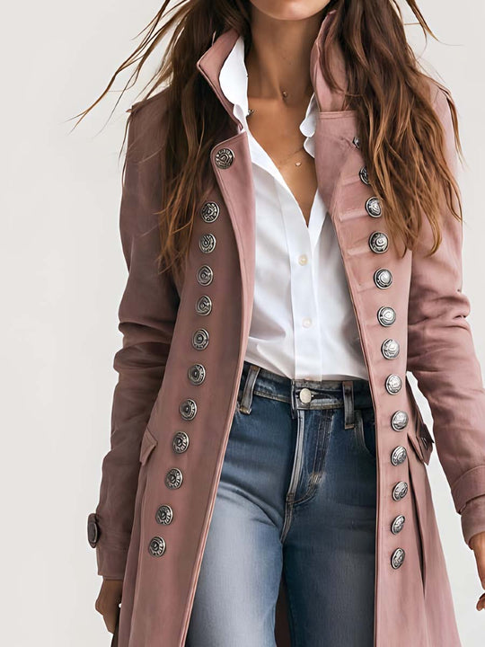 Military-style Multi-button Polyester Suede Coat
