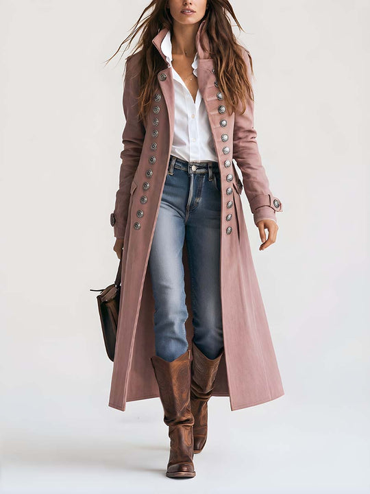 Military-style Multi-button Polyester Suede Coat
