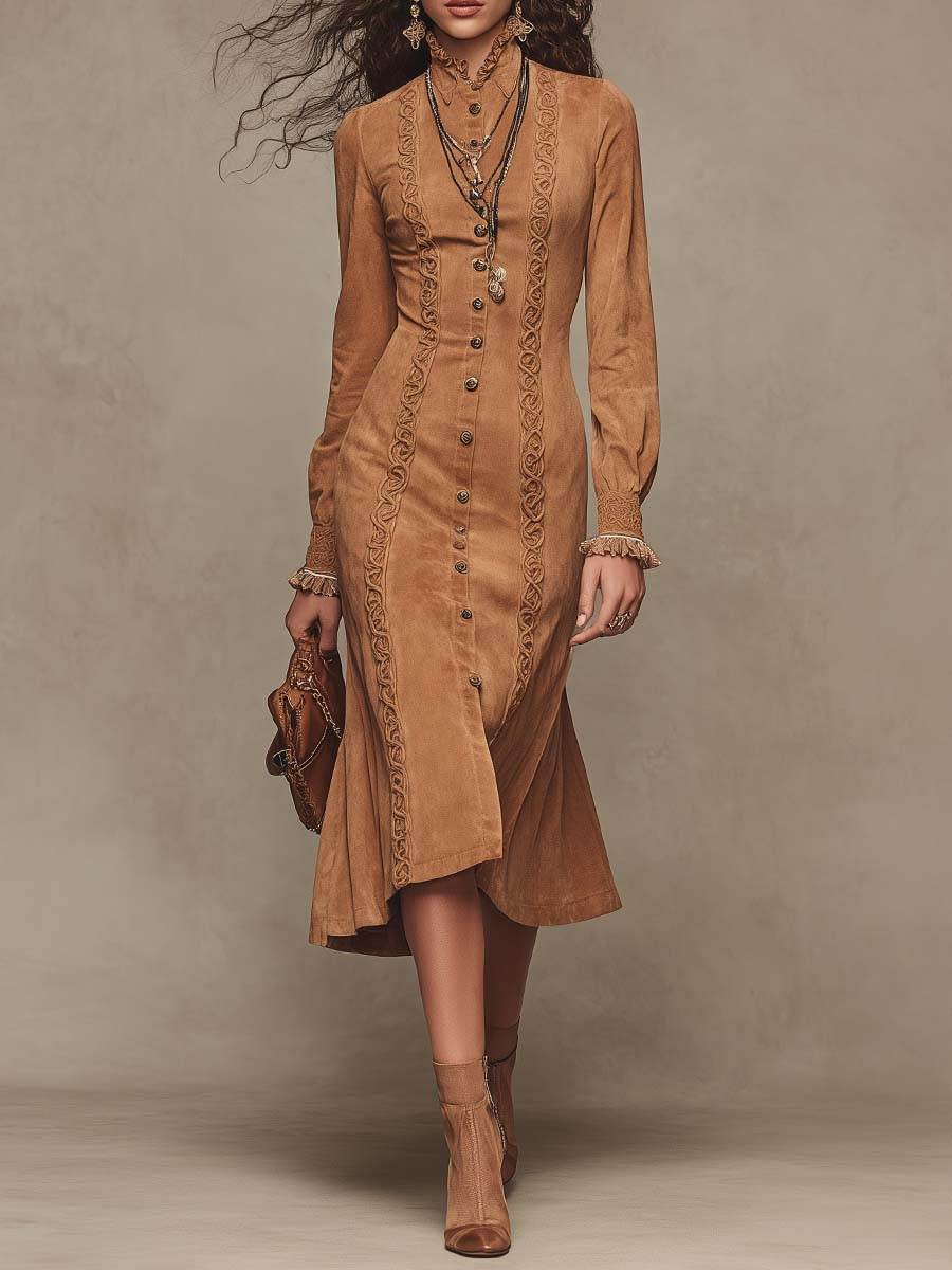 Vintage Stand Collar Webbing Trim Button Front Braid Trim Long Sleeve Fishtail Hem Midi Dress
