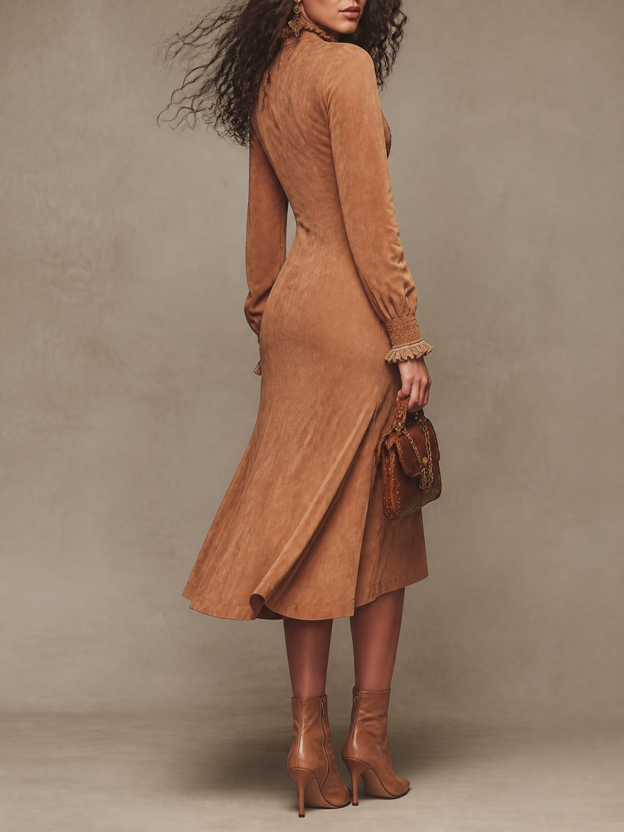 Vintage Stand Collar Webbing Trim Button Front Braid Trim Long Sleeve Fishtail Hem Midi Dress