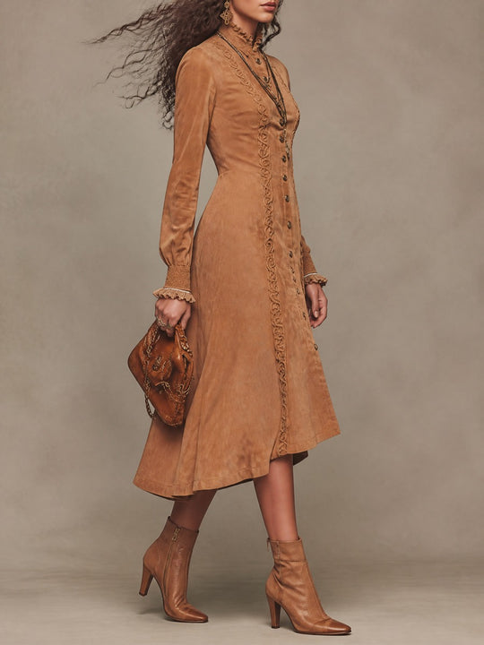 Vintage Stand Collar Webbing Trim Button Front Braid Trim Long Sleeve Fishtail Hem Midi Dress