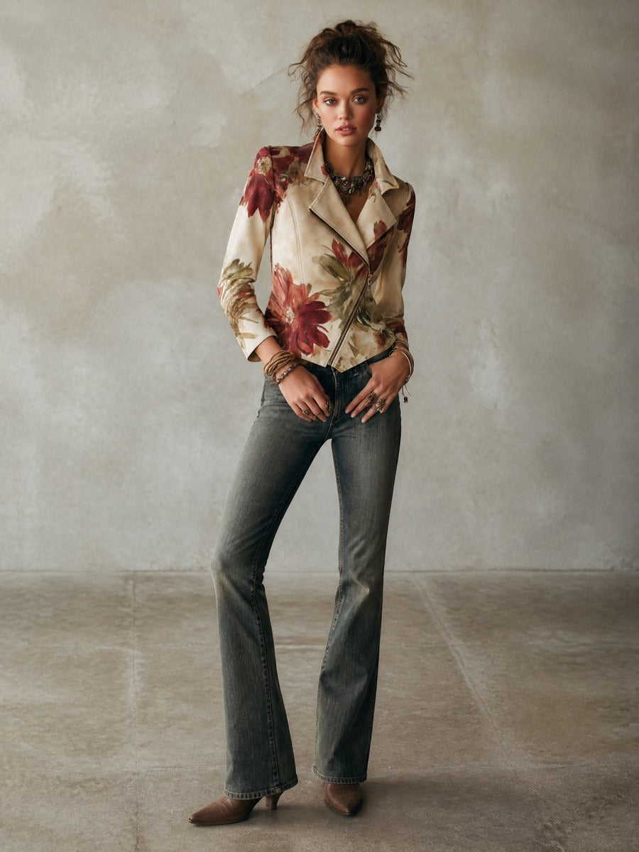 Boho Floral Print Asymmetric Hem Zip Moto Jacket