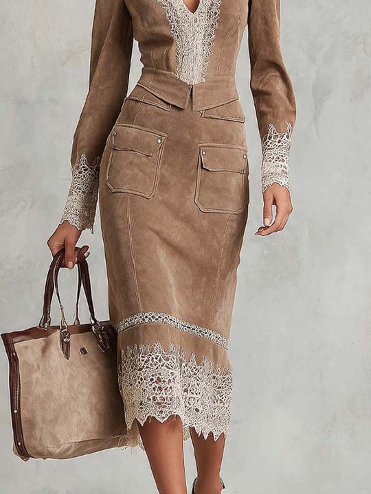 Vintage Lace Trim Faux Suede Long Sleeve Midi Dress
