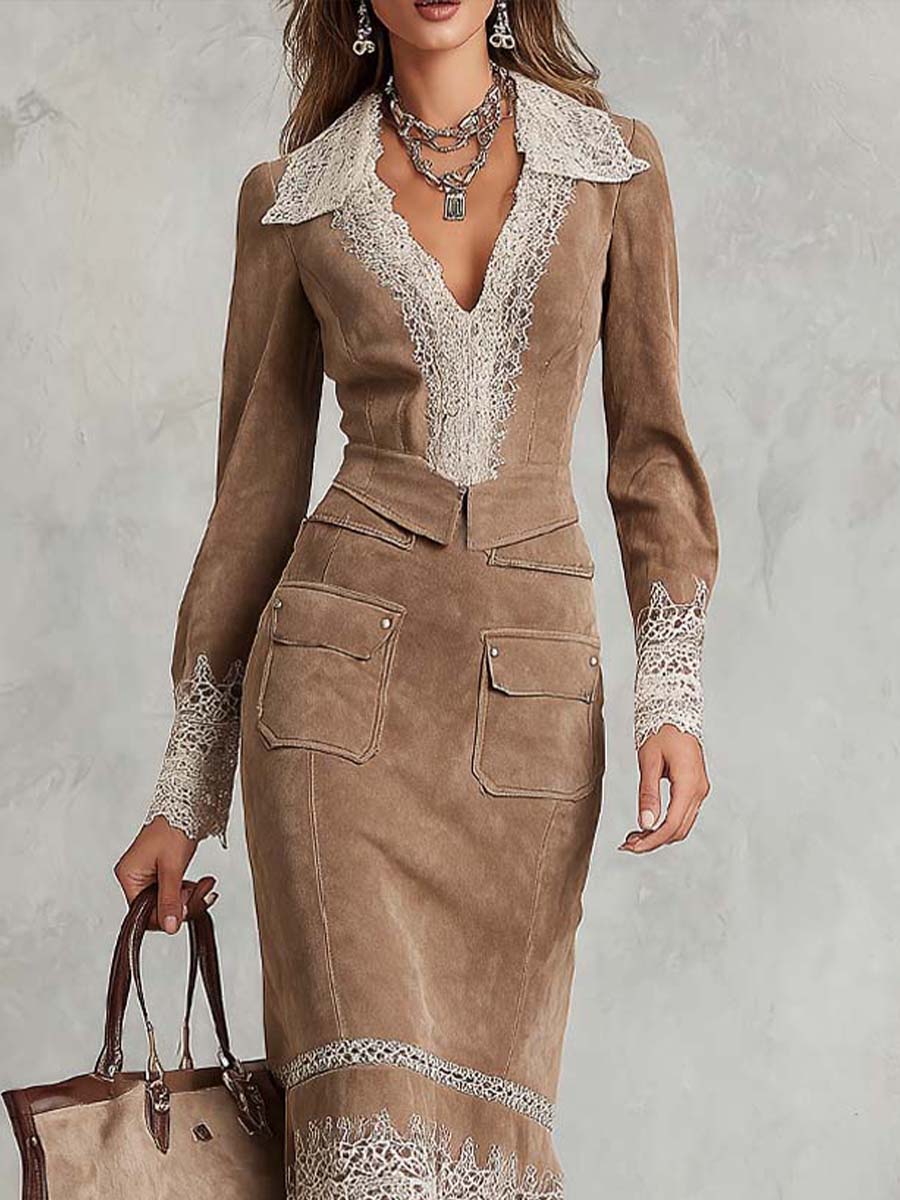 Vintage Lace Trim Faux Suede Long Sleeve Midi Dress