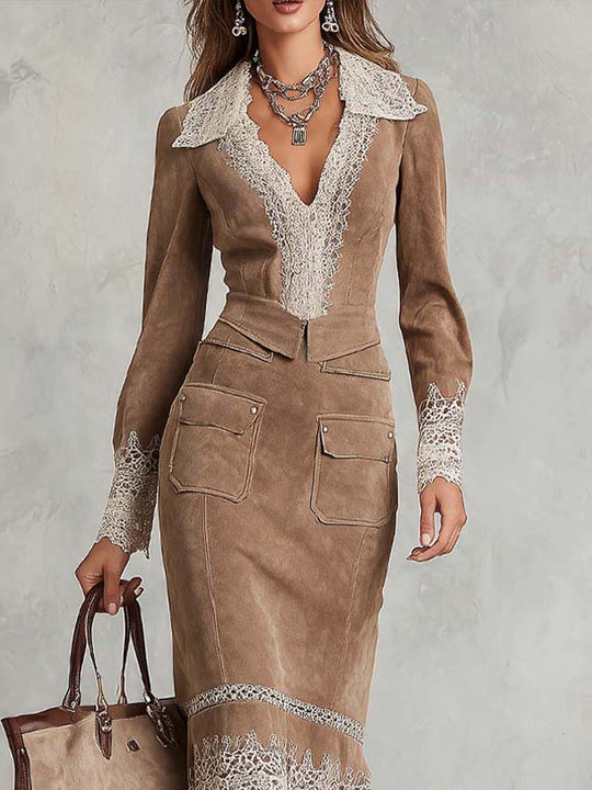 Vintage Lace Trim Faux Suede Long Sleeve Midi Dress