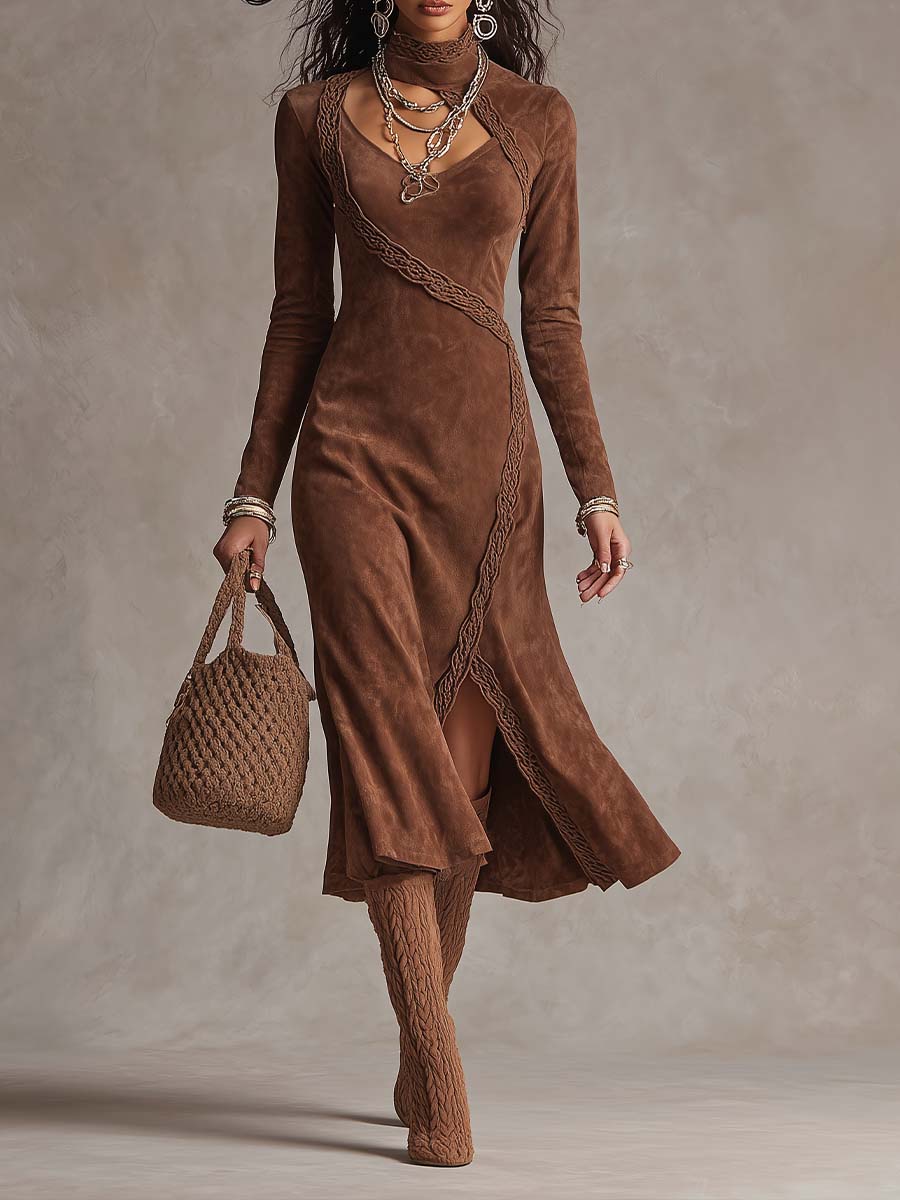 Retro Bohemian Suede Slim-Fit Midi Dress With Dimensional Webbing Trim