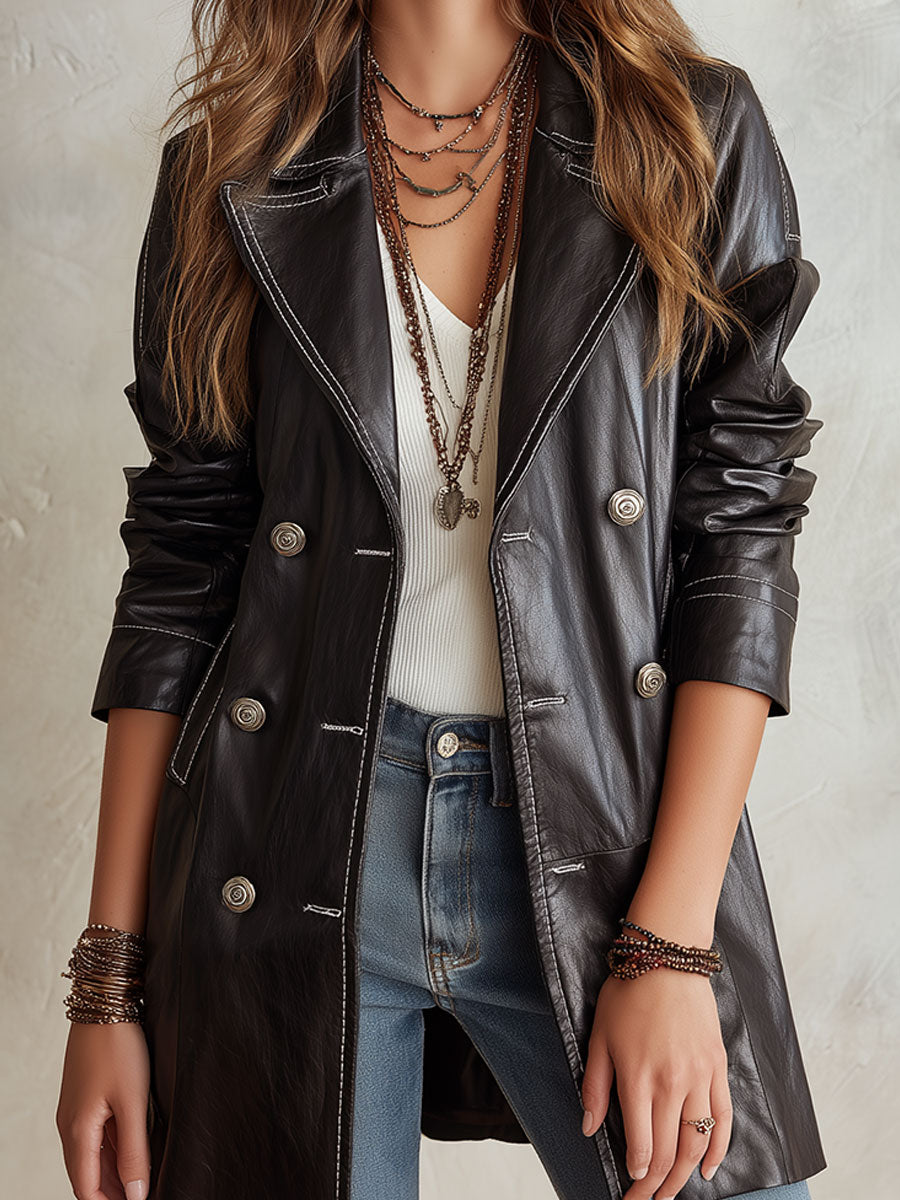 Vintage-style Black Eco-leather Double-breasted Trench Coat
