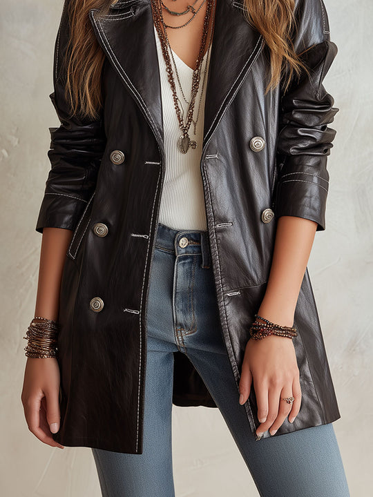 Vintage-style Black Eco-leather Double-breasted Trench Coat