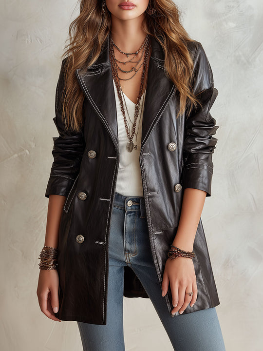 Vintage-style Black Eco-leather Double-breasted Trench Coat