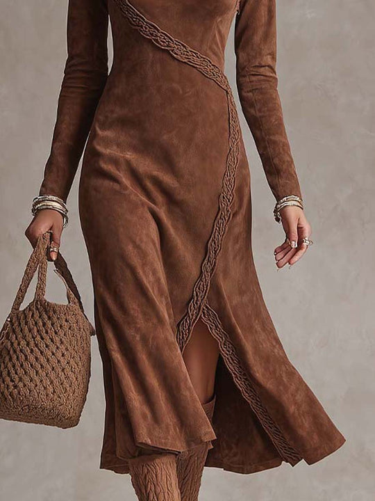 Retro Bohemian Suede Slim-Fit Midi Dress With Dimensional Webbing Trim