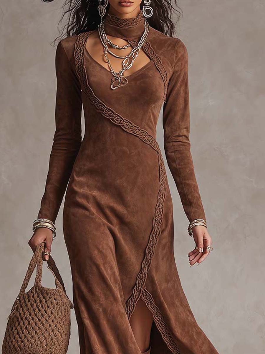 Retro Bohemian Suede Slim-Fit Midi Dress With Dimensional Webbing Trim